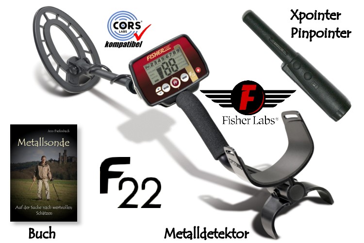 Metalldetektor Premium Ausrüstungspaket Fisher F22 mit Quest Xpointer Pinpointer