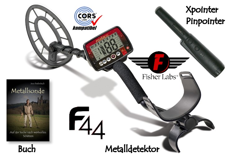 Metalldetektor Premium Ausrüstungspaket Fisher F44 mit Quest Xpointer Pinpointer